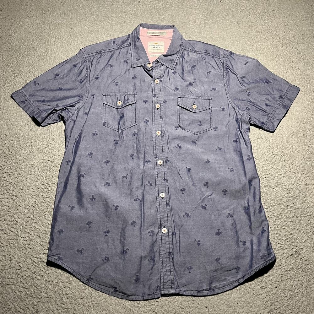 Tommy Bahama Short Sleeve Button Shirt Mens Medium Blue Palm Tree Blended Fabric